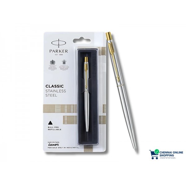 Parker Classic Stainless Steel Gold Trim Ball Pen Blue
